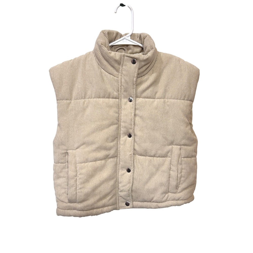 Say What Womens Beige Corduroy Puffer Vest Cropped Ski Lodge Cozy Warm Medium